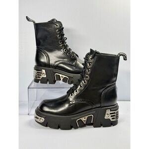 New Rock Black Steel Punk Leather Military Biker Boots Wmns Size 6.5 BARELY WORN